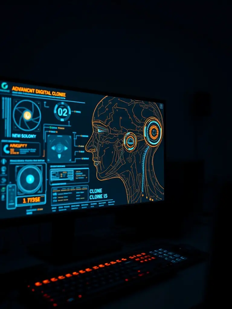 A digital clone being developed on a computer screen showcasing advanced AI technology.