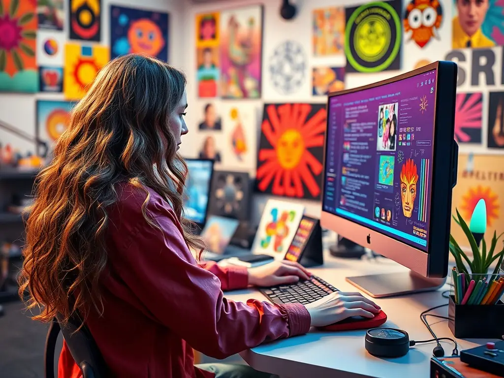 A digital artist generating custom text and image content using AI tools in a bright studio.