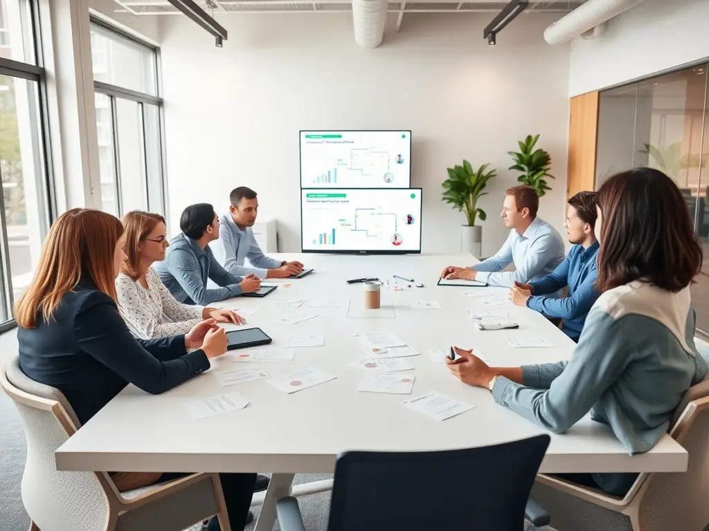 A team of AI consultants collaborating in a modern office.