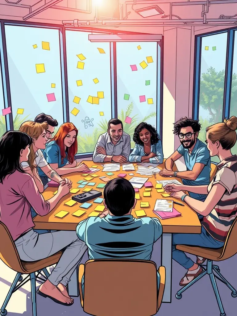 A creative team brainstorming ideas for AI-generated content in a modern office.