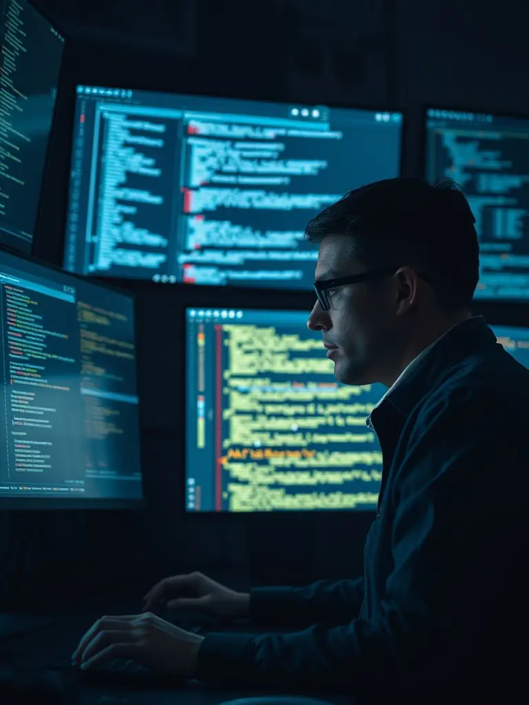 A developer coding AI algorithms on a laptop in a dimly lit room.