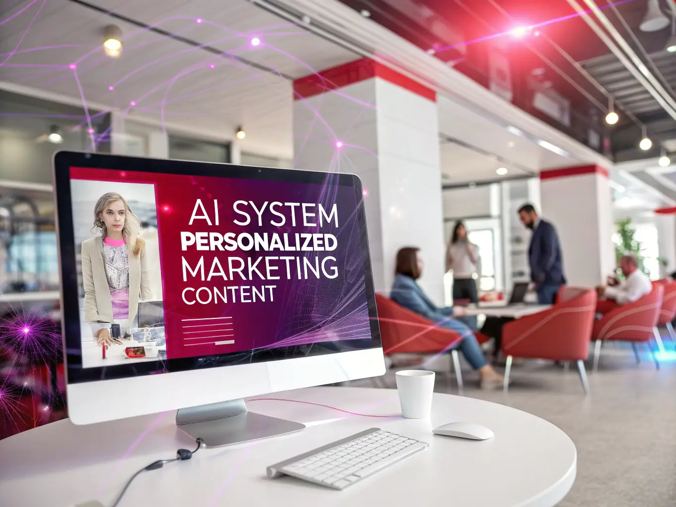 An image depicting automated content creation, featuring AI generating blog posts, social media updates, and marketing copy. The image should emphasize efficiency and creativity.