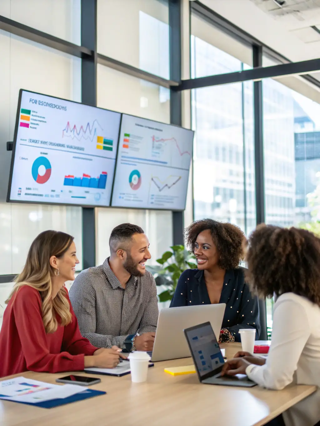 A marketing agency team collaborating on an AI-driven campaign, analyzing data and optimizing strategies in real-time. The atmosphere should be dynamic and innovative.