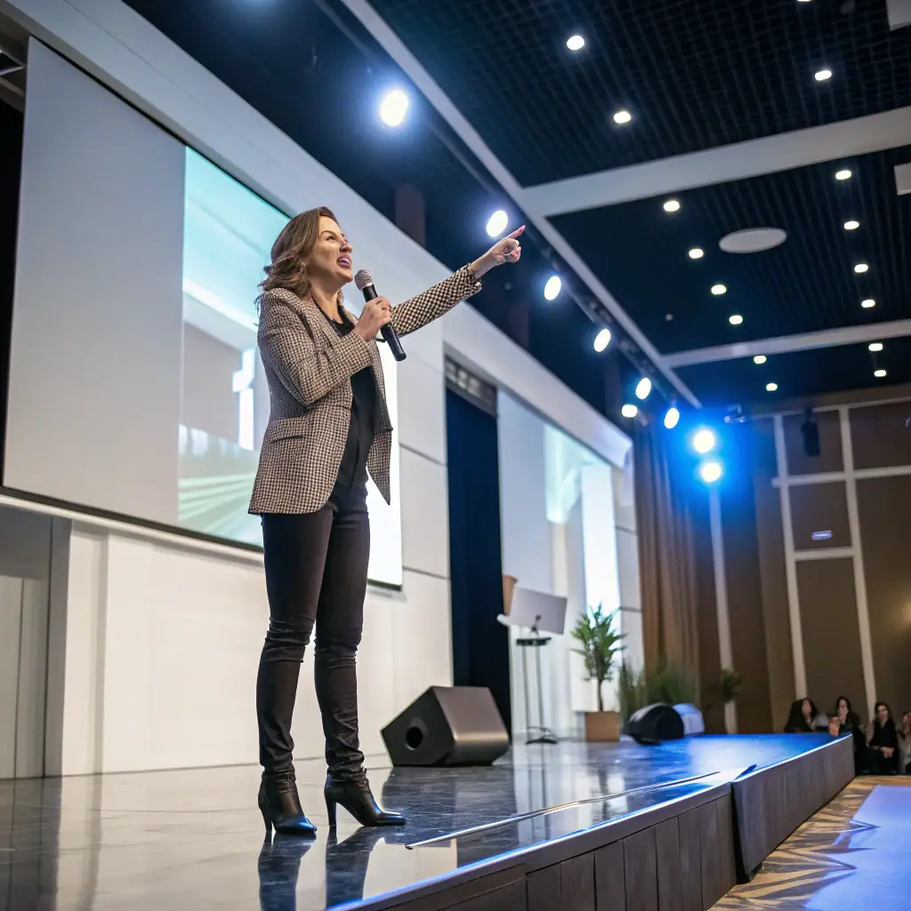 A person giving a keynote speech on stage with a large audience.