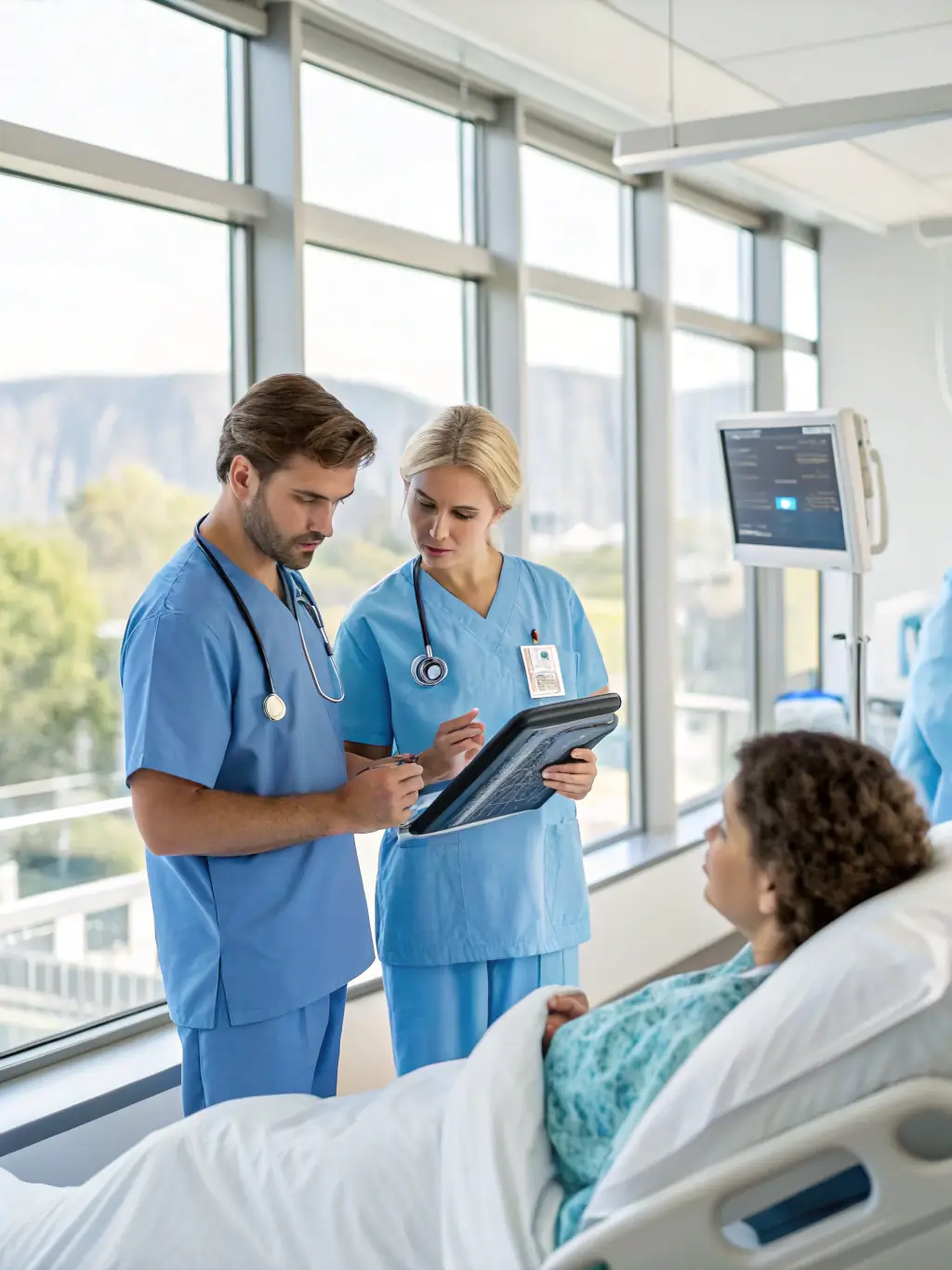 A modern medical or dental practice with AI-powered diagnostic tools and patient management systems, showcasing AI's role in enhancing healthcare services. The image should be clean and professional.