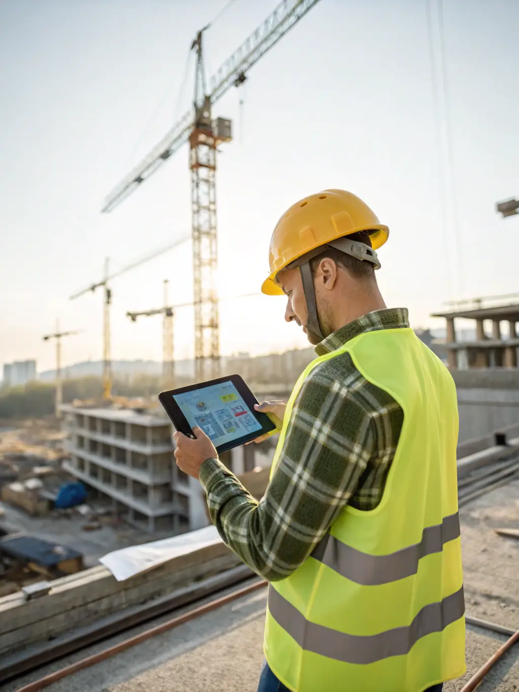 A construction site with workers using tablets and AI-powered machinery, showcasing AI's role in improving efficiency and safety in the construction industry. The image should be modern and professional.