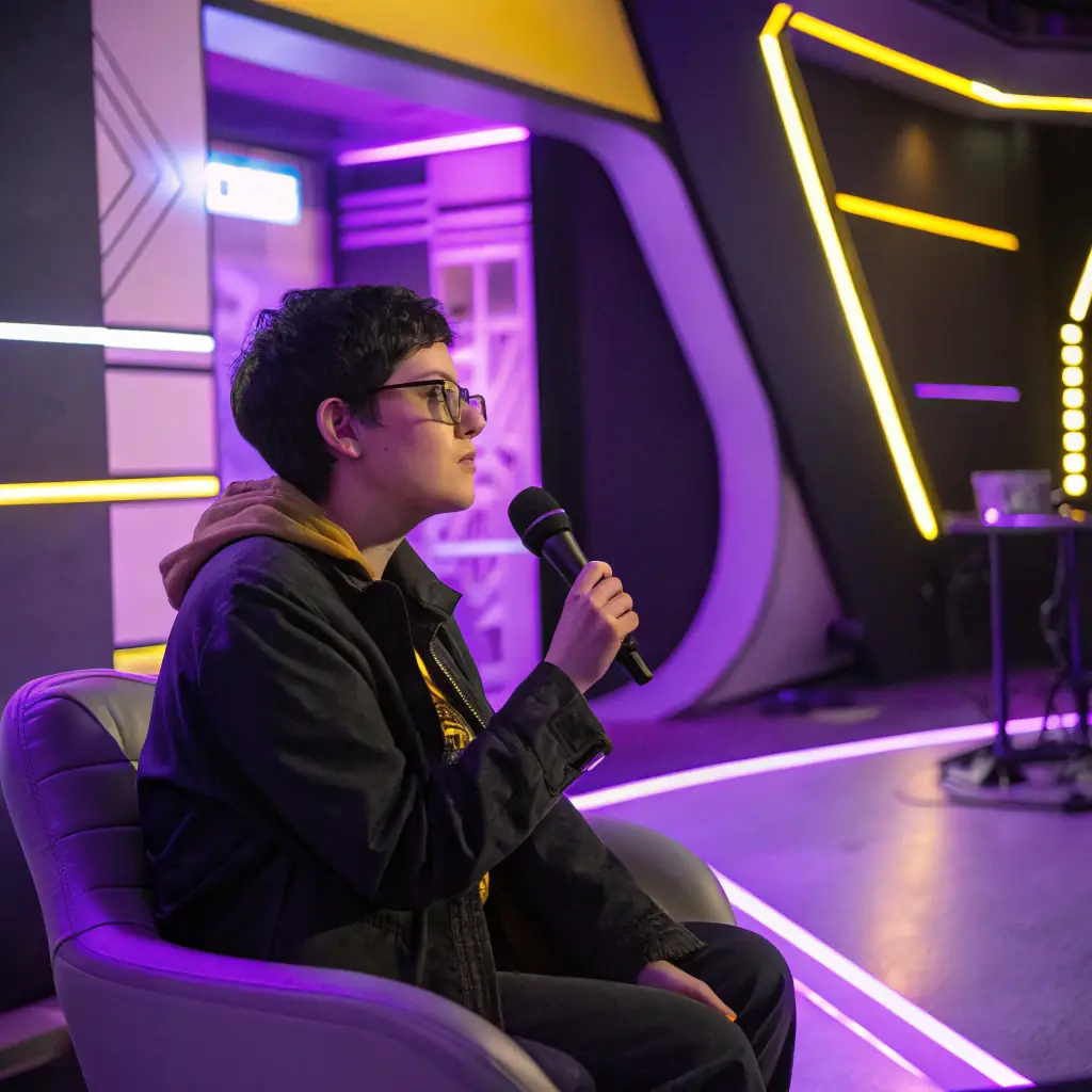 A person speaking on a podcast with a microphone and headphones.