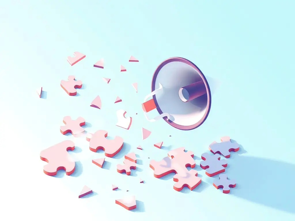 A visual representation of inconsistent brand messaging, such as fragmented pieces of a puzzle or a broken megaphone.