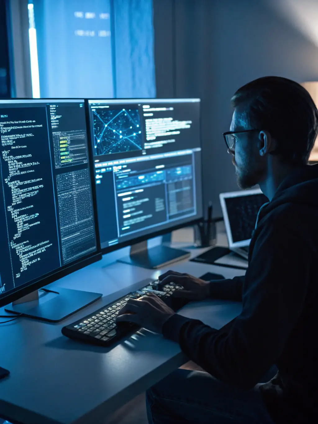 A team member in a dark-themed office setting, intensely focused on crafting a complex AI prompt on their computer, surrounded by multiple monitors displaying code and data visualizations.