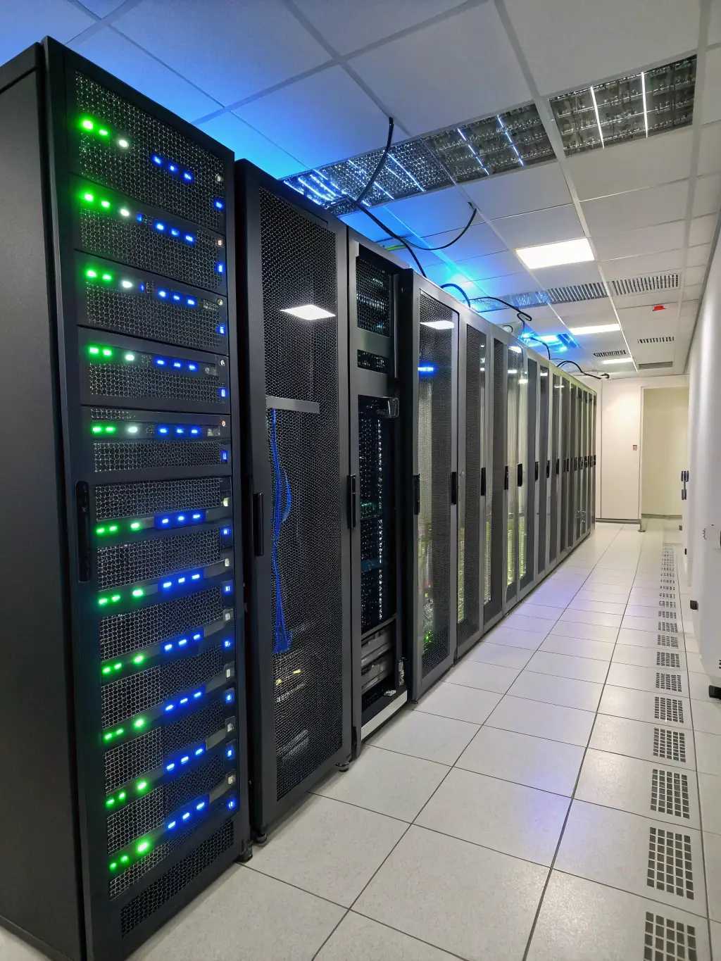 A secure server room with blinking lights and visible security protocols, emphasizing the importance of data protection in AI applications.