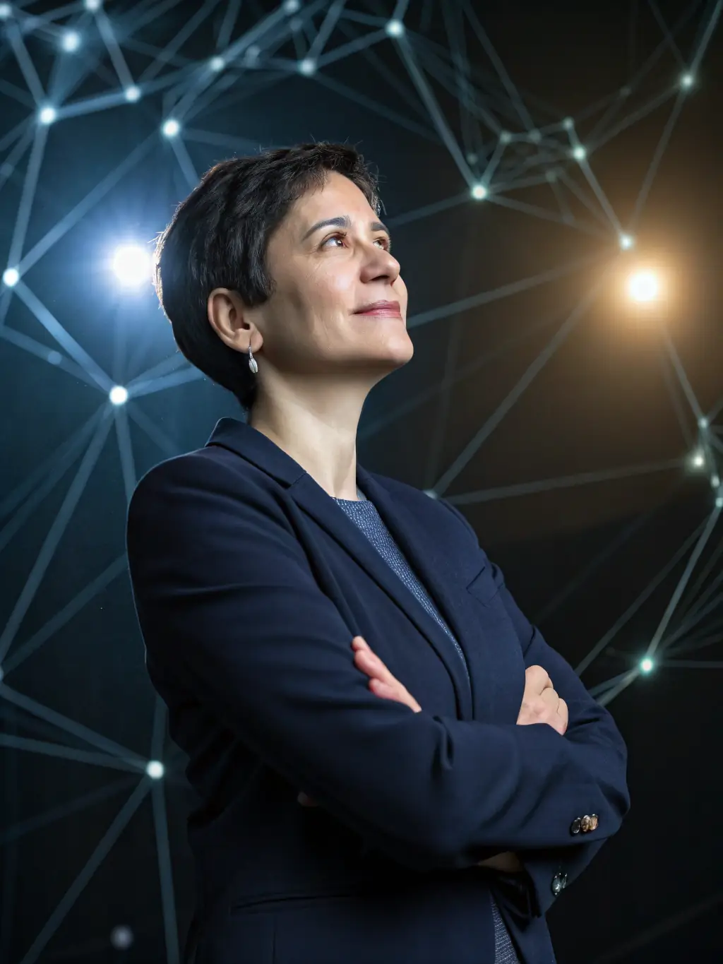 A professional headshot of a confident business leader, overlaid with a subtle AI circuit board pattern, symbolizing the fusion of human expertise and artificial intelligence in brand building.
