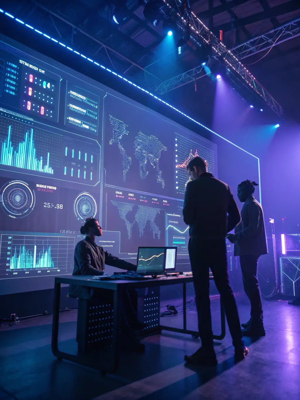 A futuristic interface displaying real-time AI performance metrics and analytics, showcasing the ability to track and optimize AI-driven results.