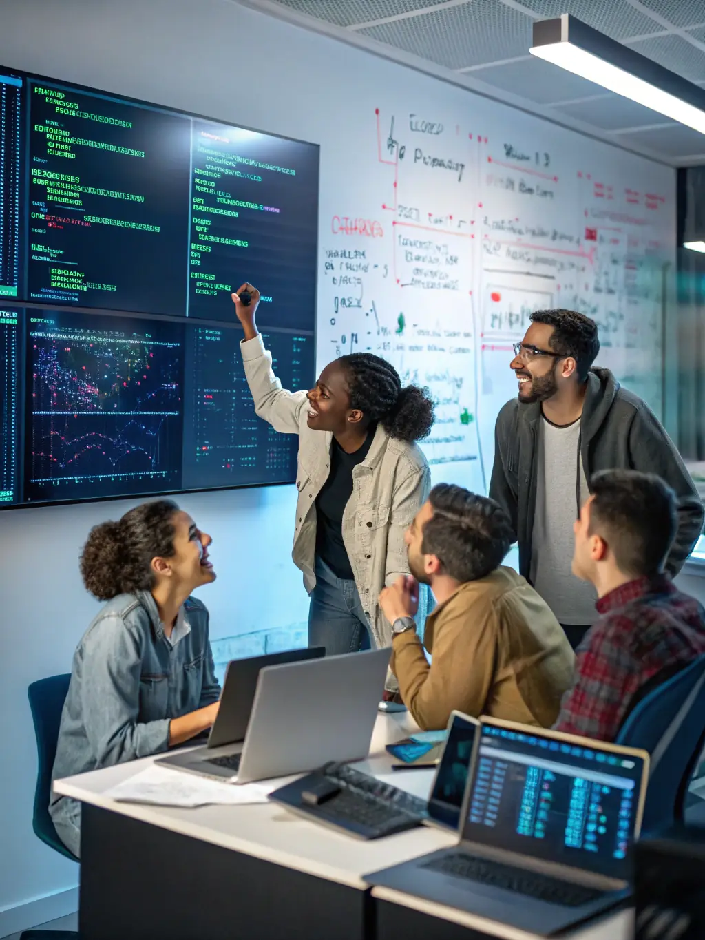 A diverse team collaborating around a large interactive whiteboard, brainstorming AI solutions and workflows for various business challenges.